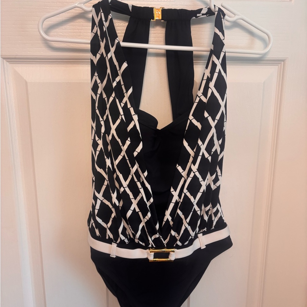 Blue Rod Beattie Navy & White Geometric One-Piece Swimsuit with Gold Accent - Picture 4 of 16